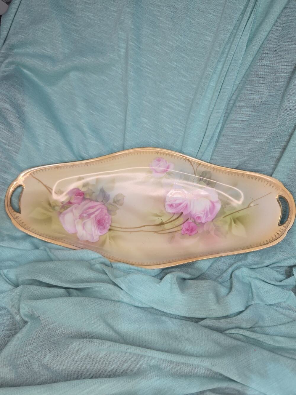 Antique RS Germany Celery Relish Tray 12” | 1920s Pink Roses Gilt Porcelain